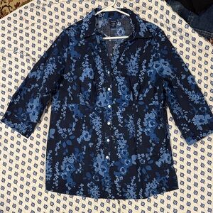 Basic Editions Navy and Blue Floral Button-Up Blouse 1X